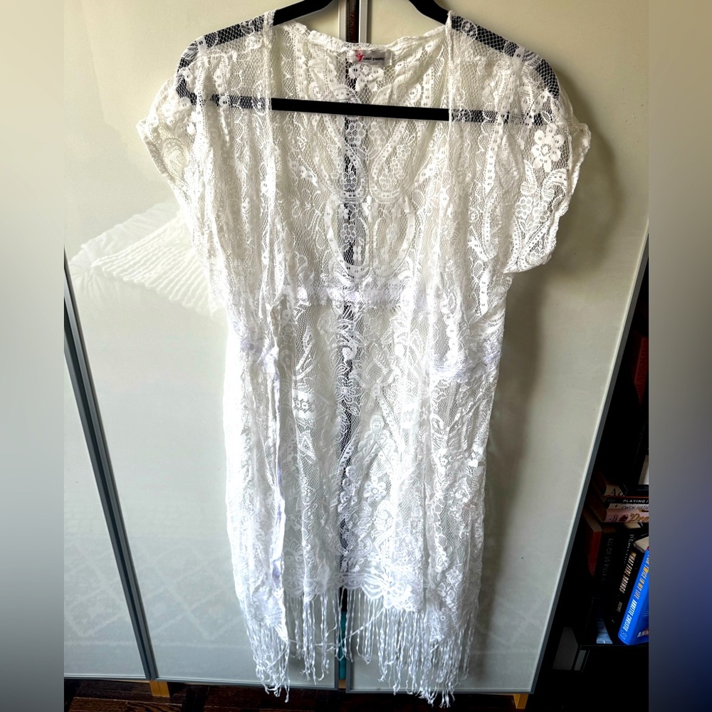 White lace coverup / Kimono with fringe, short sleeves, sheer, beach, bride, OS